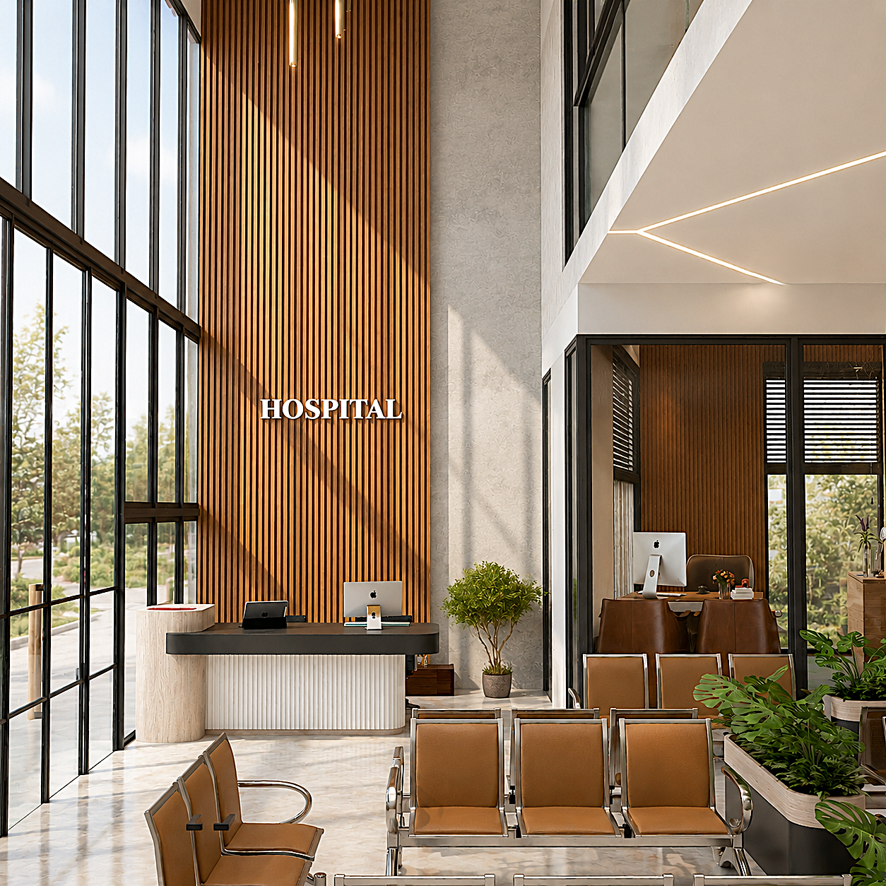 Hospital reception with timber slat wall and double-height glazing