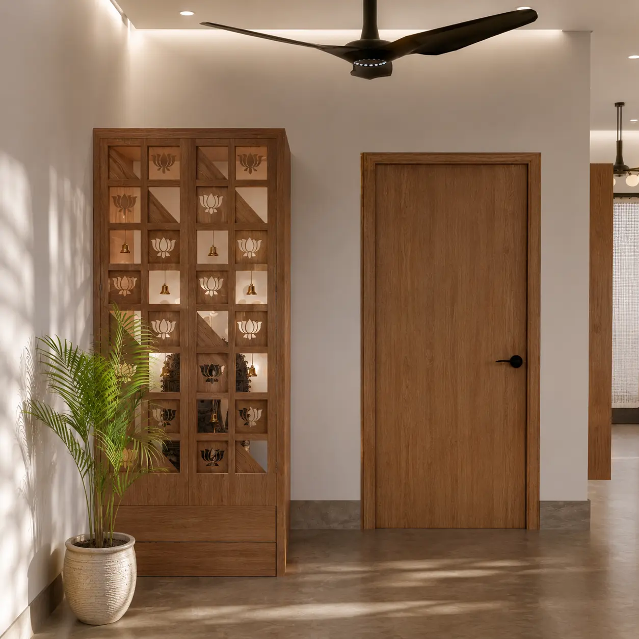 Timber house temple cabinet beside the hallway door